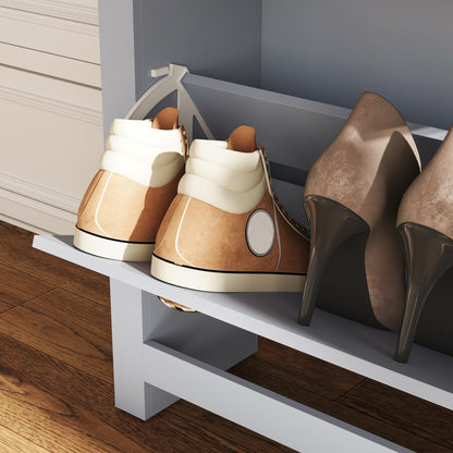 Kamcha Grey and Natural Wood Narrow Shoe Cabinet With 2 Flip Drawers For 6 To 12 Pairs