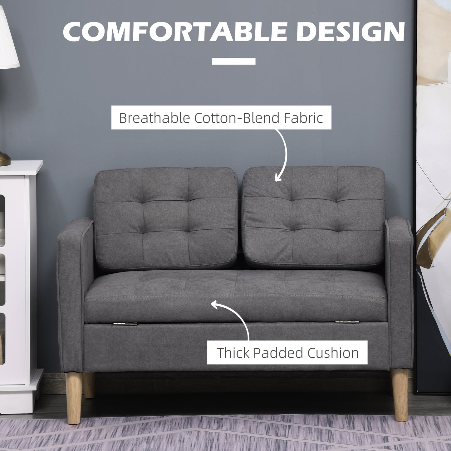Labasu Fabric Grey 2 Seater Sofa With Hidden Storage Tufted Seat And Wooden Legs