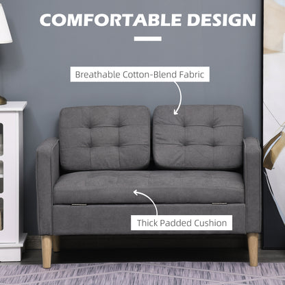Labasu Fabric Grey 2 Seater Sofa With Hidden Storage Tufted Seat And Wooden Legs