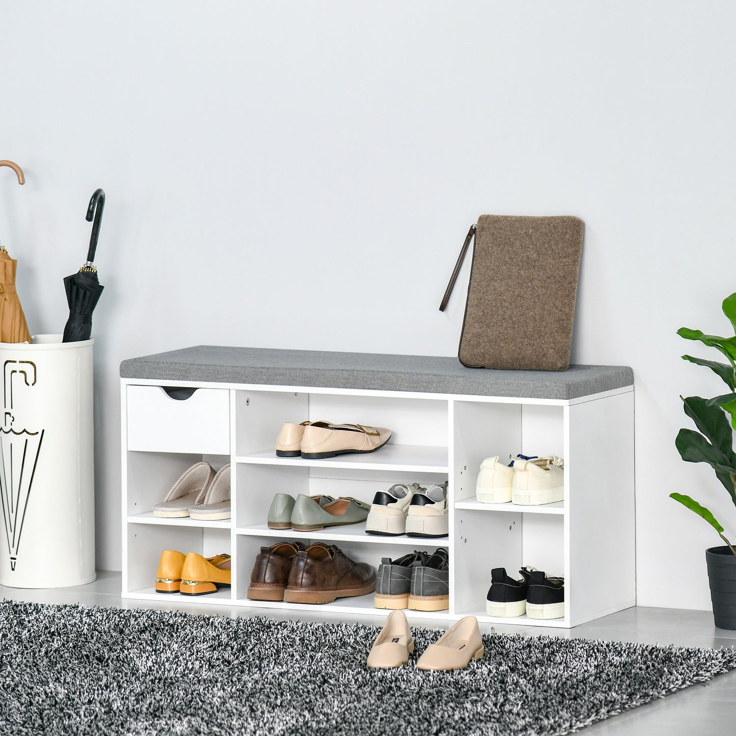 Yoke Wooden White Shoe Bench With Cushioned Seat 1 Drawer 7 Compartments