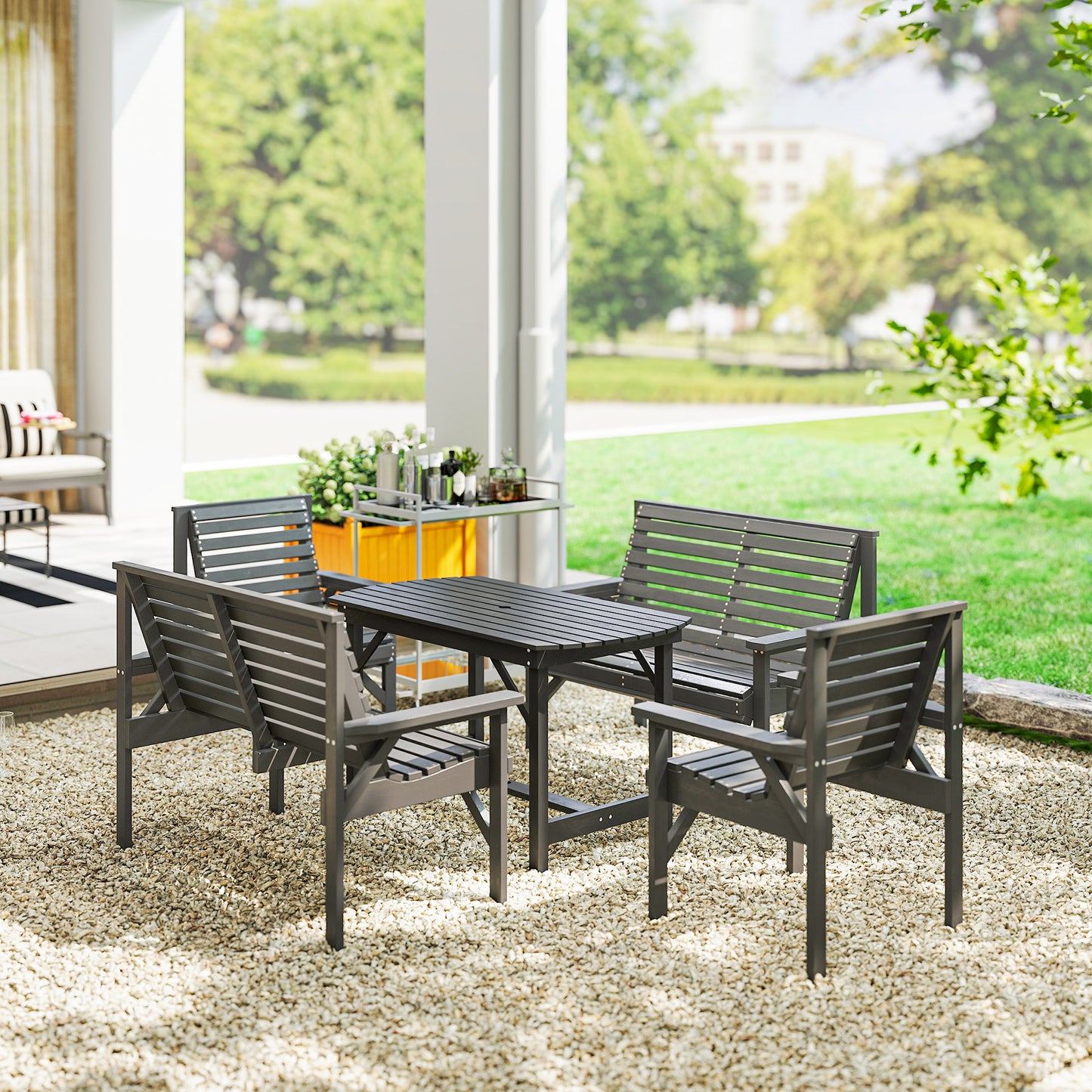 Masera 6 Seater Grey Wooden Outdoor Dining Set With Umbrella Hole Table
