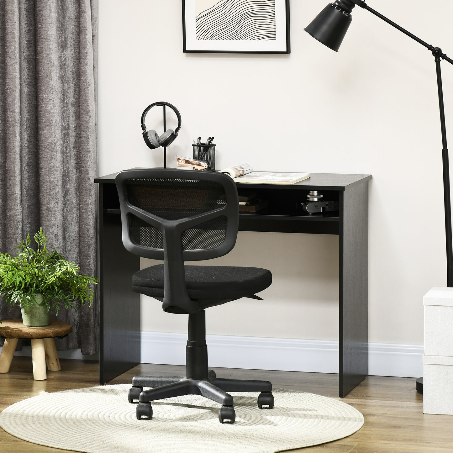 Biretti 90cmvWooden Black Wood Grain Compact Desk With Storage Shelf