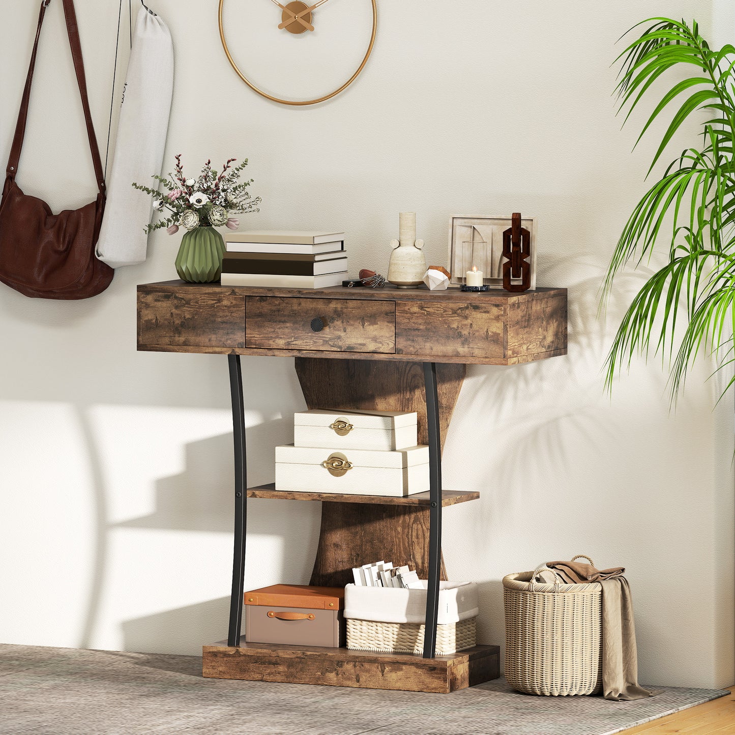 Rasana Metal And Wooden Rustic Brown 3 Tier Console Table With Drawer And Shelves