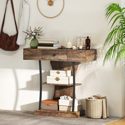 Rasana Metal And Wooden Rustic Brown 3 Tier Console Table With Drawer And Shelves