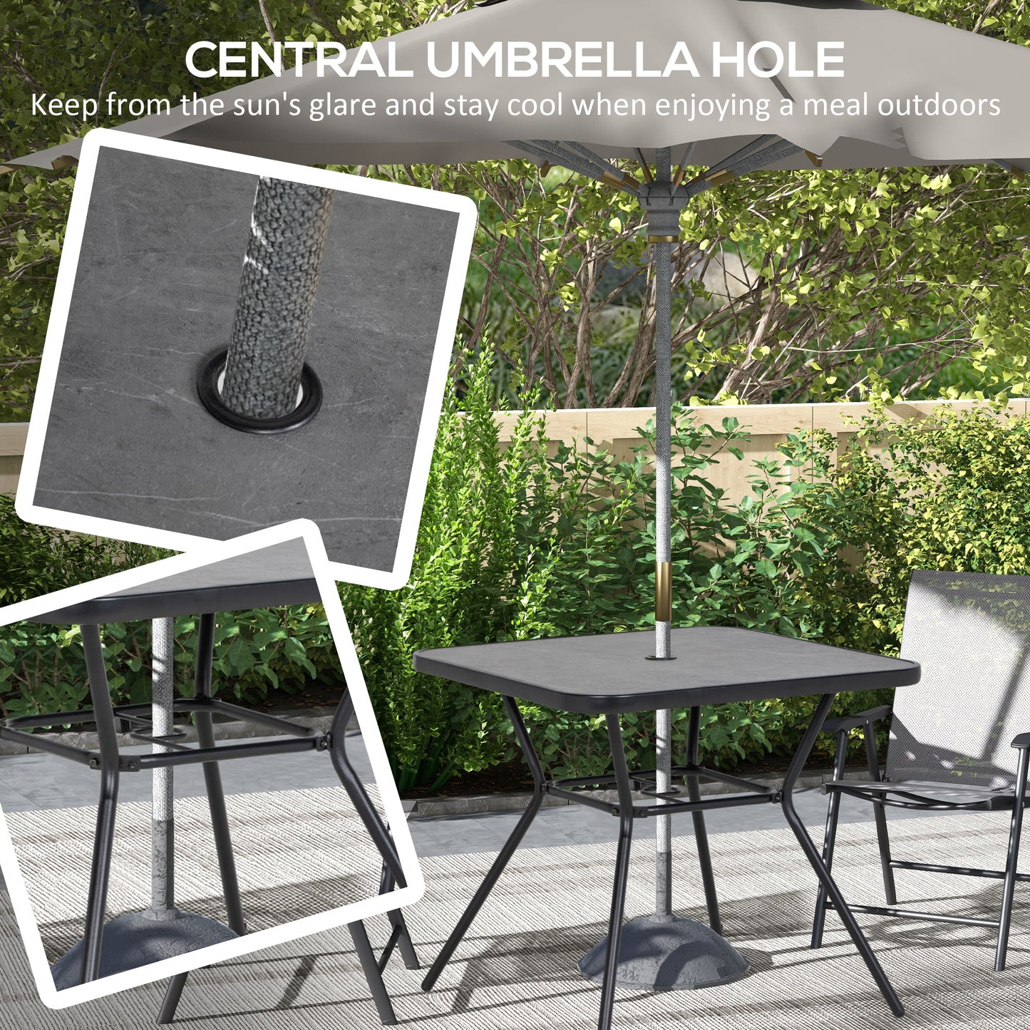 Nana Steel And Glass Square Outdoor Table With Marble Effect Top And Umbrella Hole