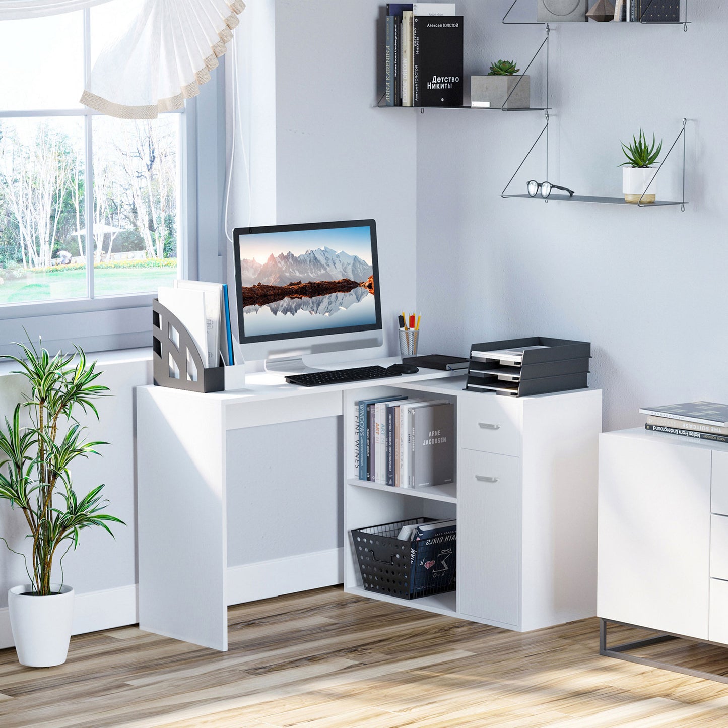 Conono 173cm Wooden White Wood Grain L Shaped Desk With Drawer Shelves And Storage Cabinet