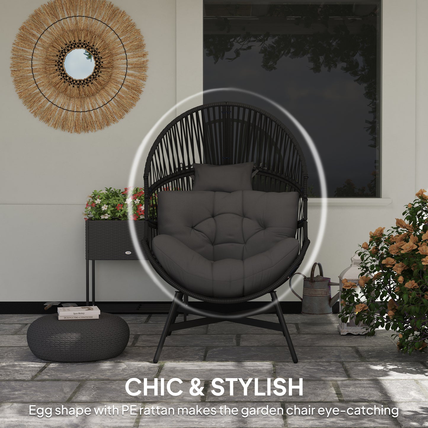 Rataco Rattan Charcoal Grey Oversized Freestanding Egg Chair With Tufted Cushion And Headrest