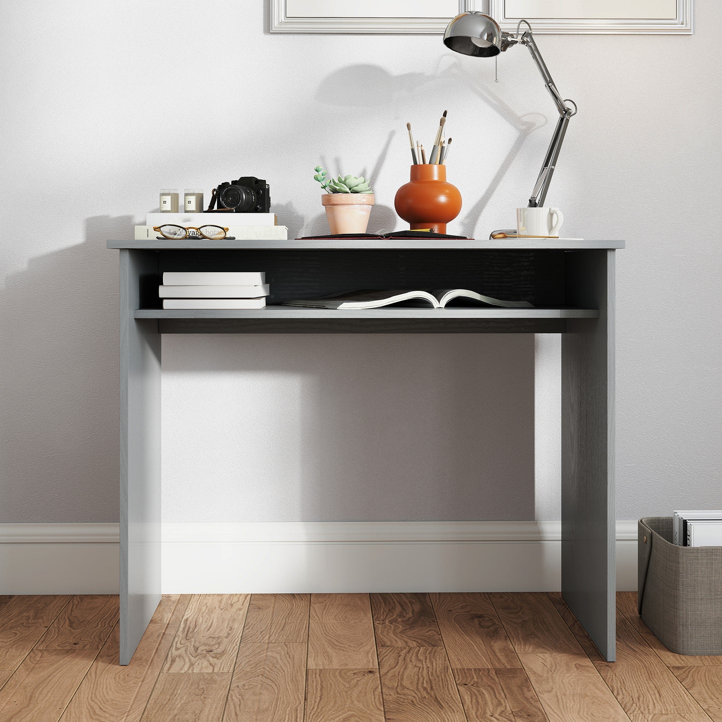 Cottare 90cm Wooden Grey Compact Writing Desk With Storage Shelf