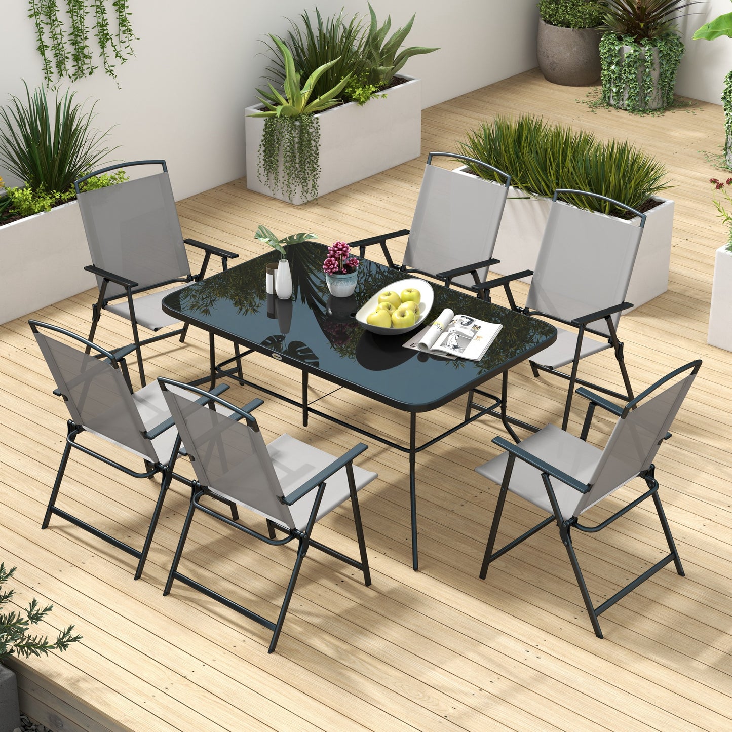 Lobama 6 Seater Grey Mesh Garden Dining Set with Glass Top Table and Folding Chairs