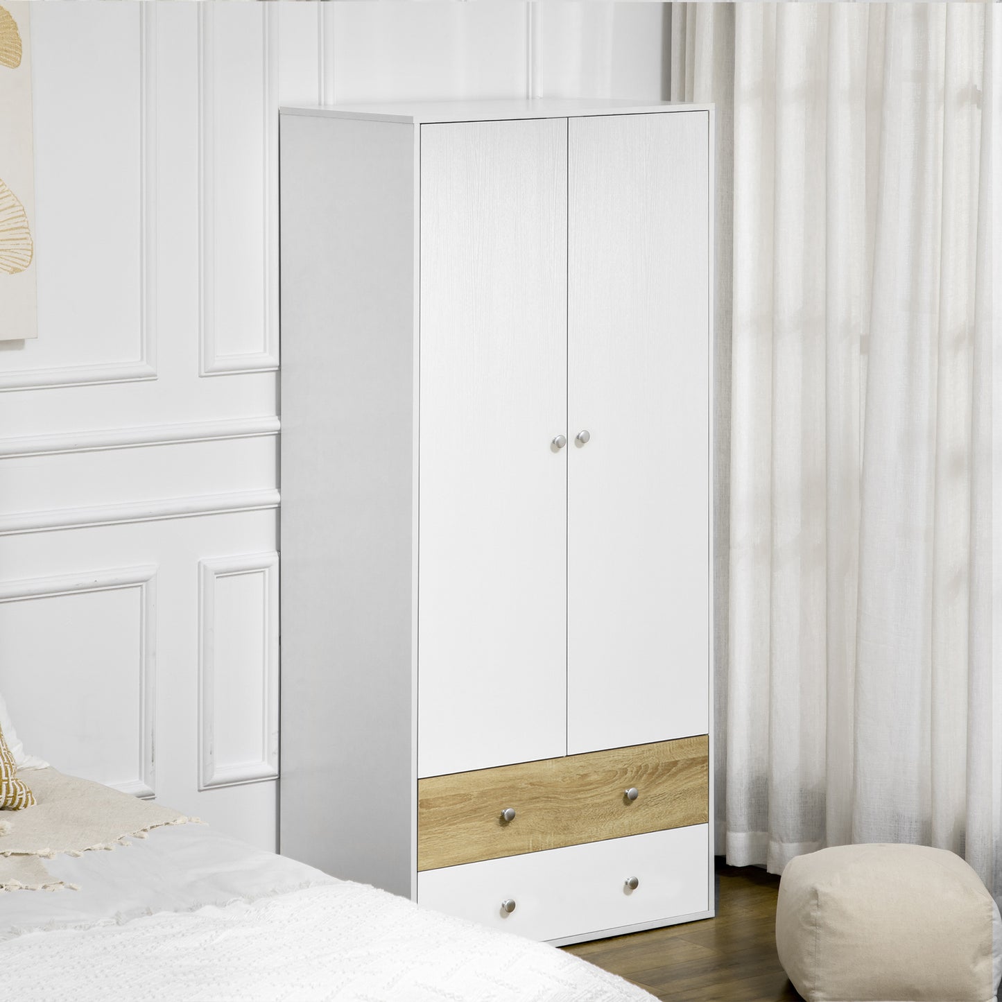 Coralia White and Natural 2 Door Wardrobe With Hanging Rail and 2 Drawers