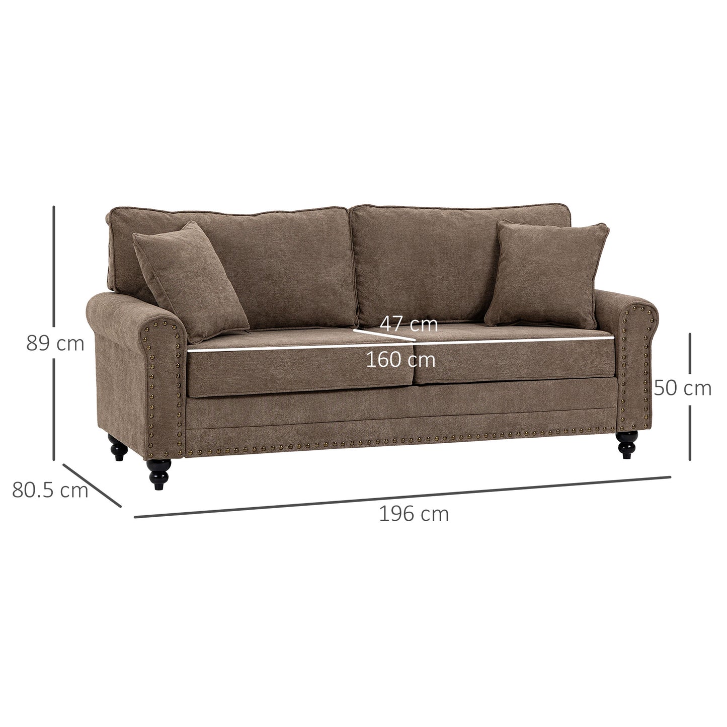 Soleka Fabric Brown 3 Seater Sofa With Rubberwood Legs Nail Head Trim And 2 Cushions