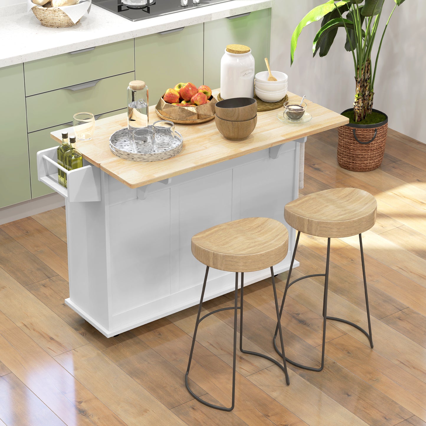 Cosoco Noli Wooden White Rolling Kitchen Island With Drop Leaf Drawers Spice Rack And Towel Rail