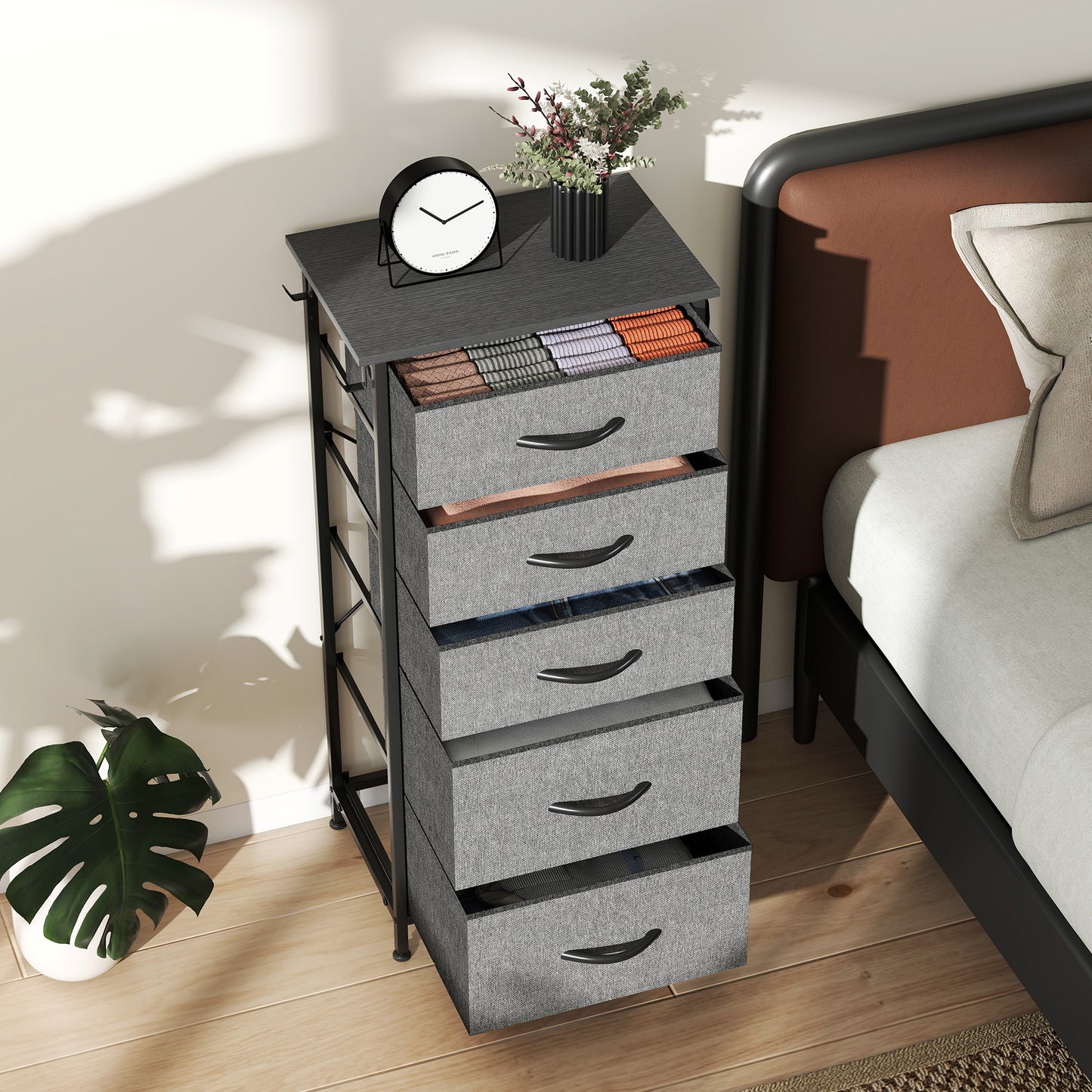 Suha Fabric And Metal Charcoal Grey 5 Drawer Storage Chest