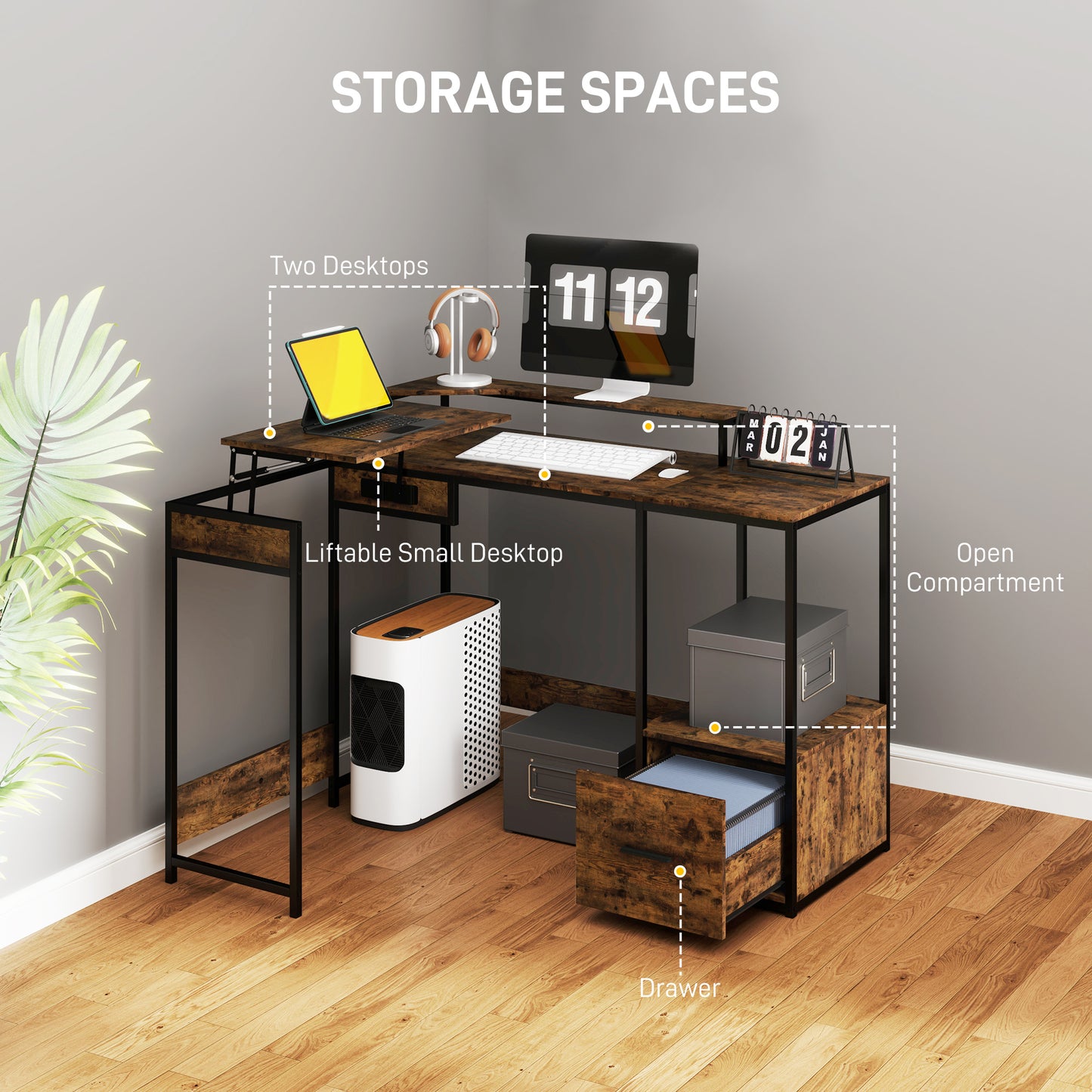 Raleno 137.5cm Brown Industrial L Shaped Multi Purpose Work Desk