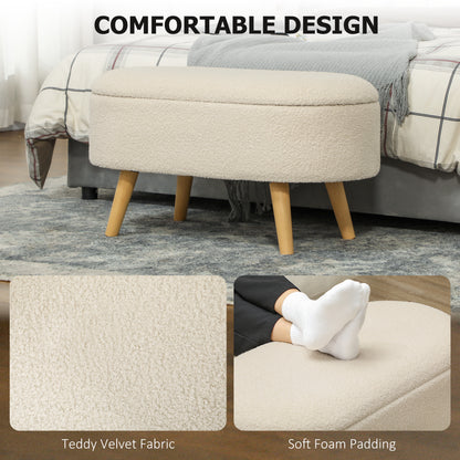 Molasa Boucle Cream White Storage Ottoman Teddy Fleece Natural Wooden Legs