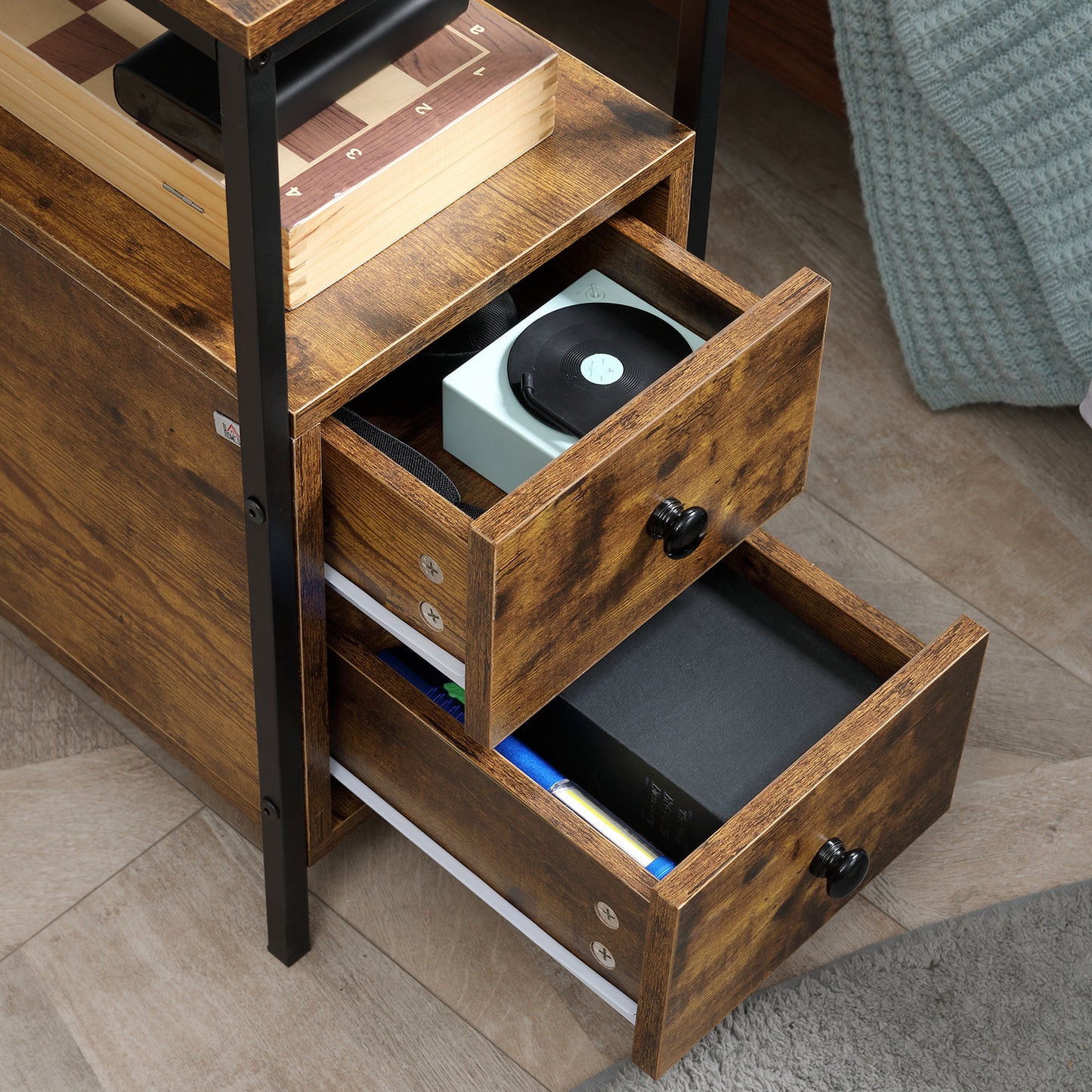 Mirayo Set Of 2 Narrow Industrial Side Tables With 2 Drawers And Shelves Wooden Rustic Brown