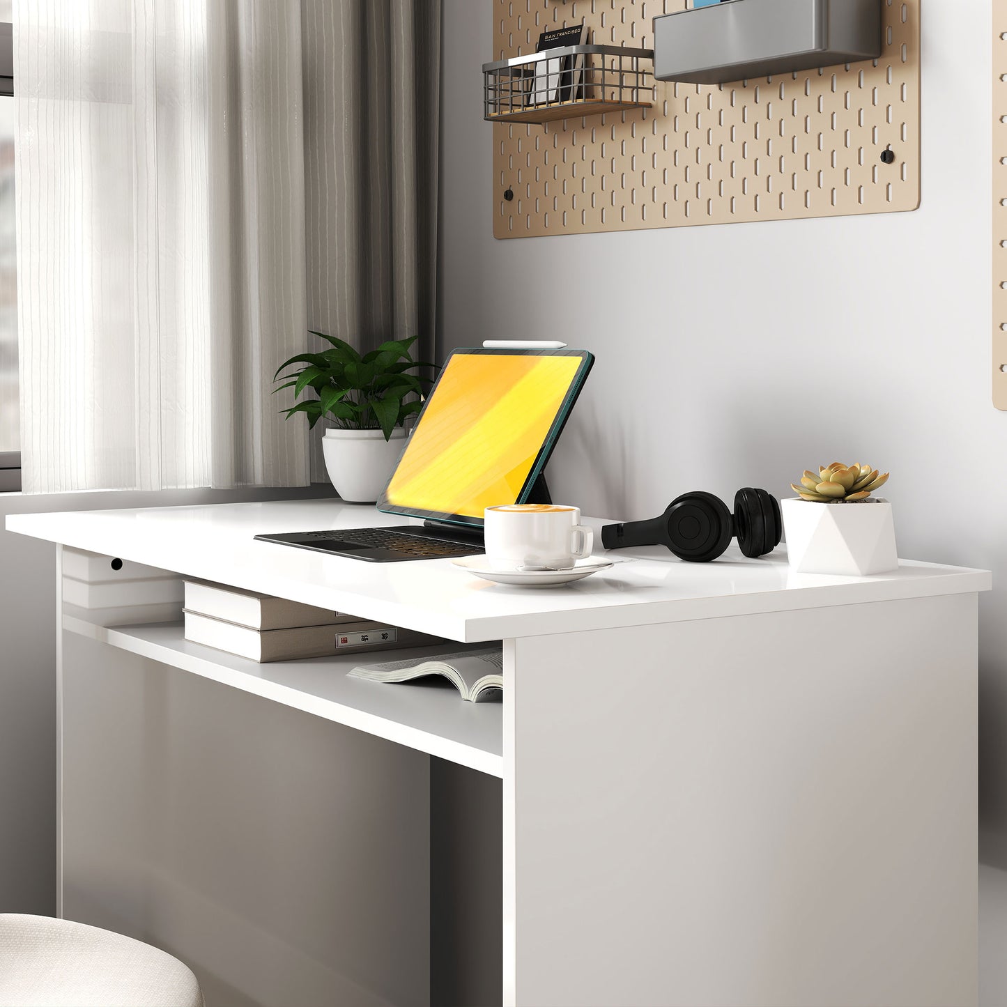 Selu 90cm High Gloss White Compact Study Desk With Storage Shelf
