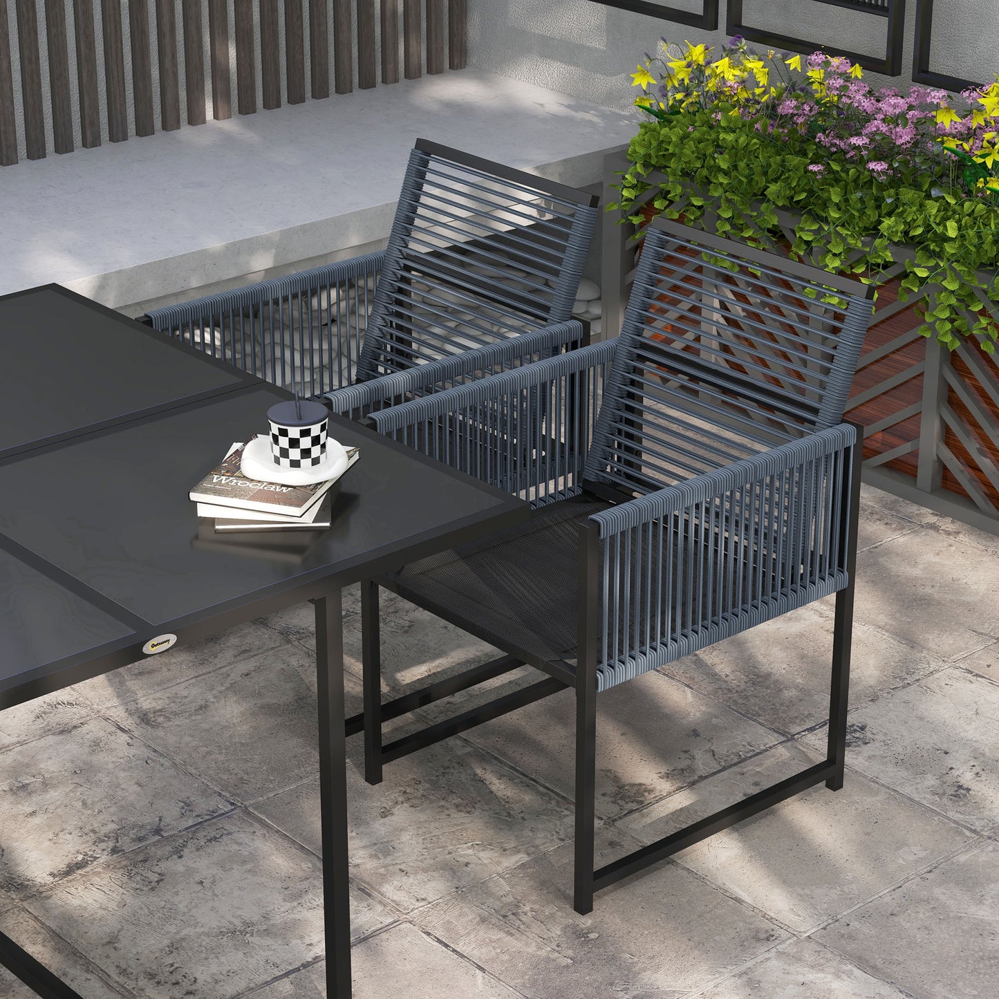 Nolu 4 Seater Metal Dark Grey Rattan Rope Garden Dining Set