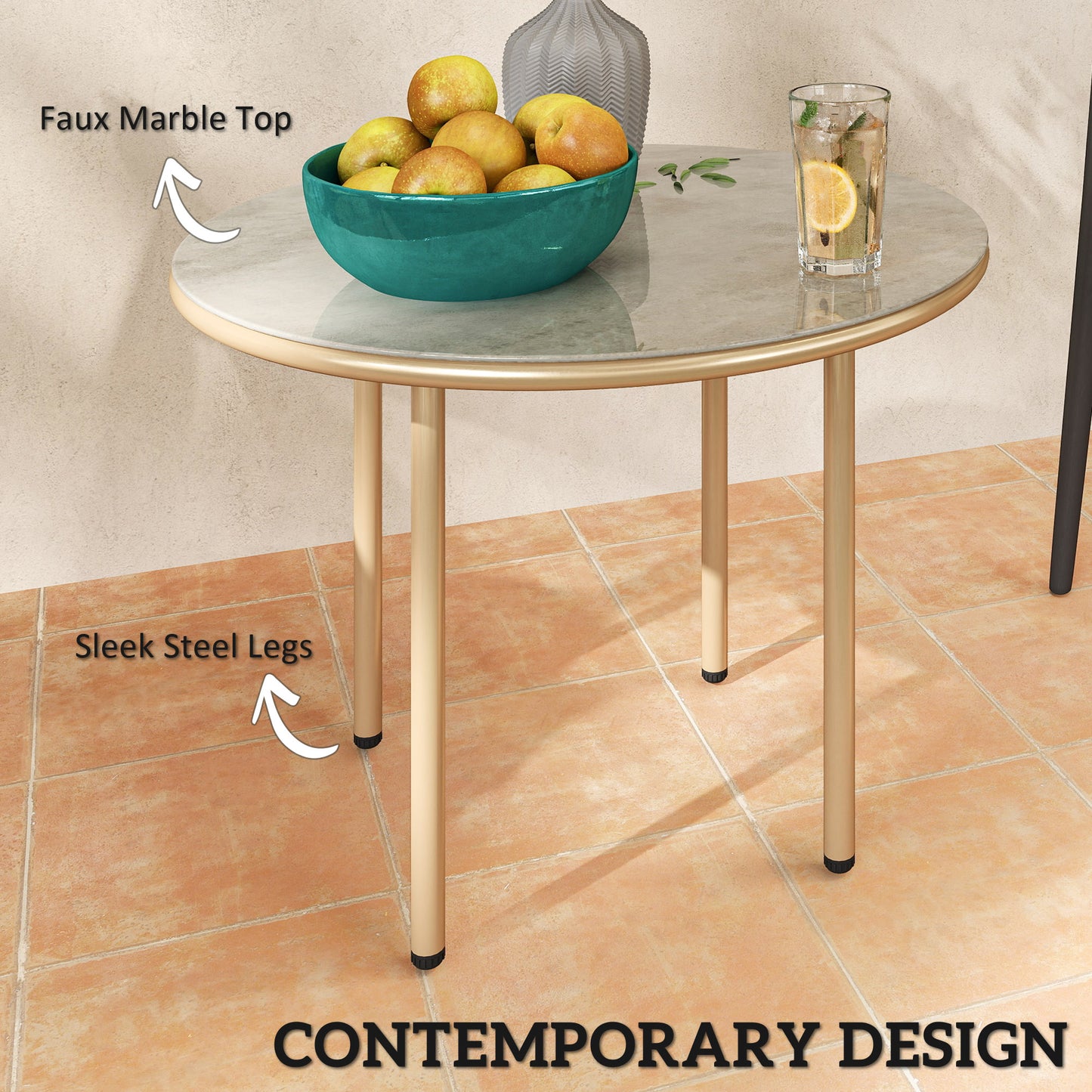 Bake Steel Beige Round Side Table With Faux Marble Glass Top