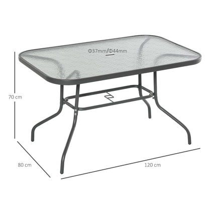 Lemone 120cm Metal Grey Rectangular Garden Dining Table With Glass Top And Parasol Hole