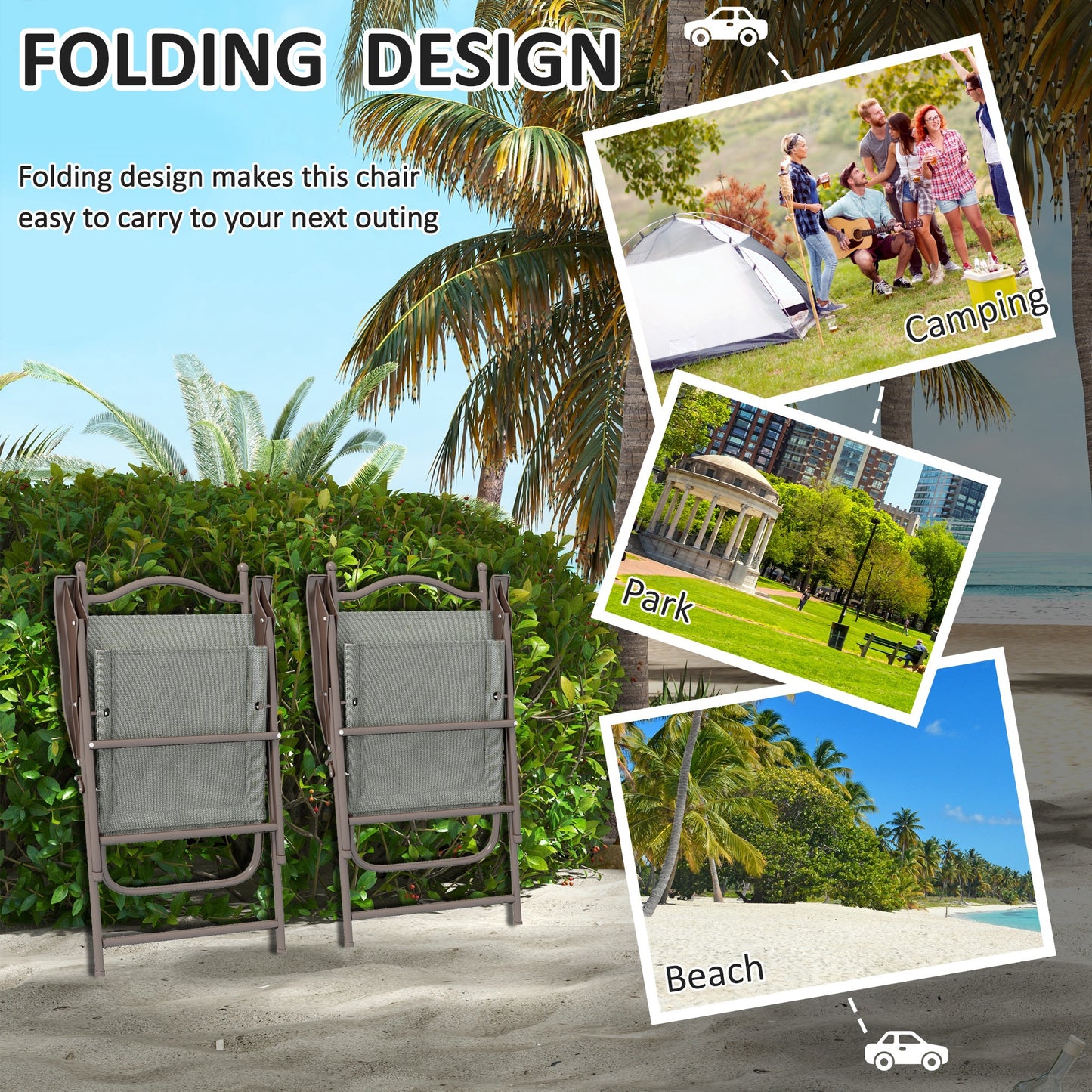 Rone Bari Set Of 2 Metal Dark Grey Folding Garden Chairs With Fabric Mesh Seats