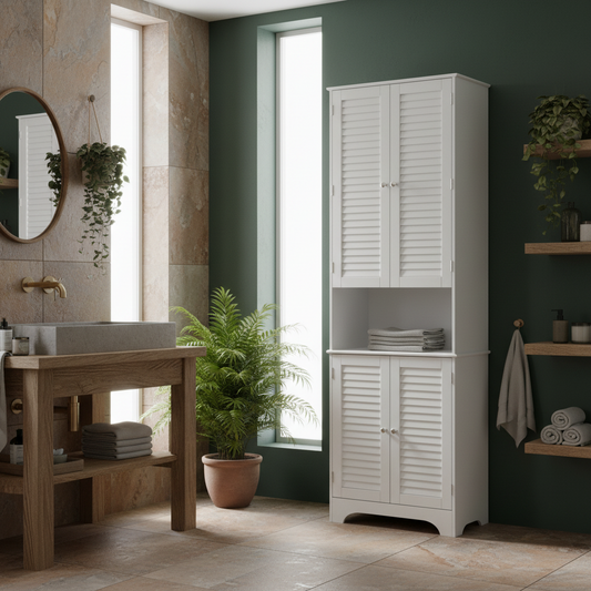 Vihave Tall Freestanding Bathroom Cabinet With Shutter Doors And Raised Base White