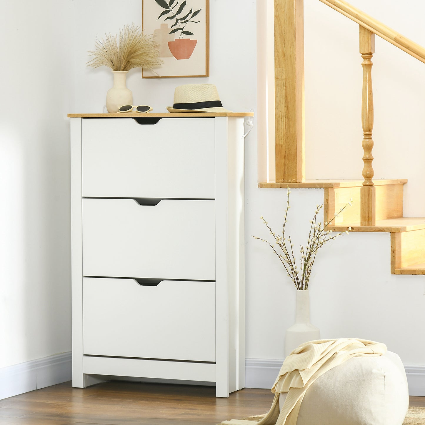 Rokeha Wooden White and Natural Narrow Shoe Cupboard With 3 Flip Drawers For 18 Pairs