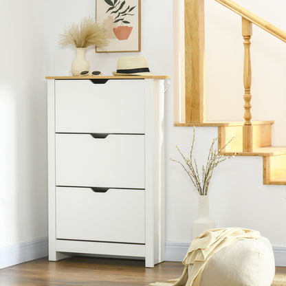 Rokeha Wooden White and Natural Narrow Shoe Cupboard With 3 Flip Drawers For 18 Pairs