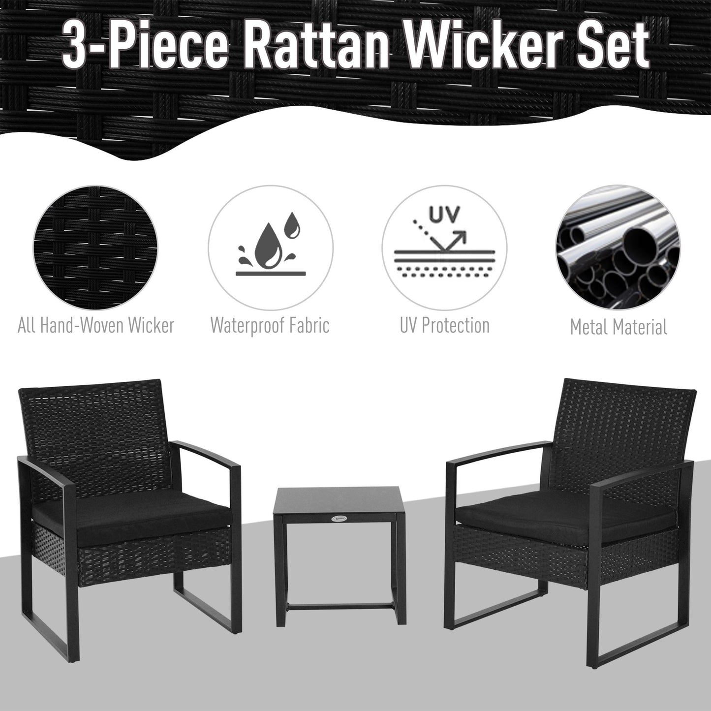 Sofira Rattan Black 2 Seater Outdoor Coffee And Chair Bistro Set