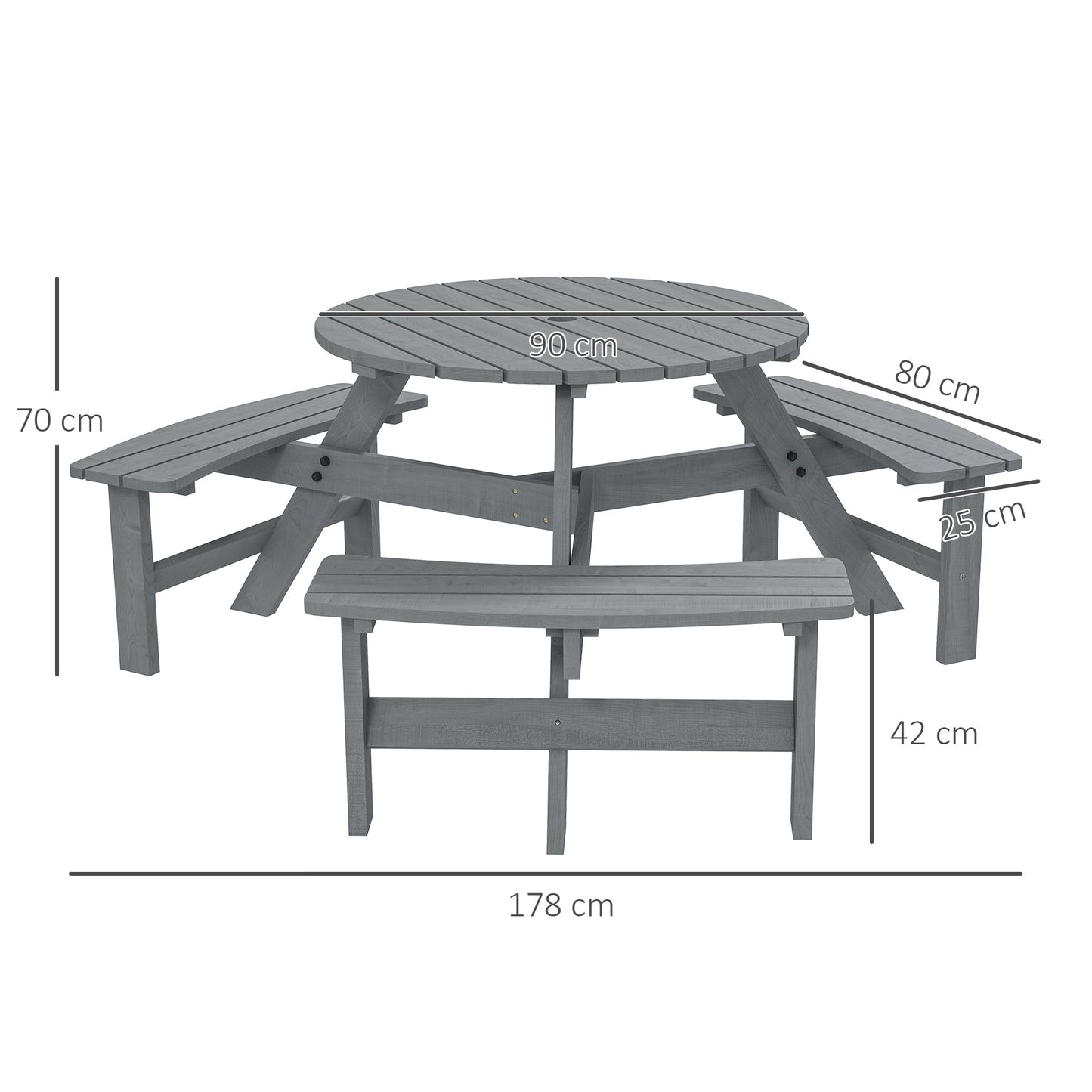 Taviba 6 Seater Grey Wood Round Picnic Table and Garden Benches Set