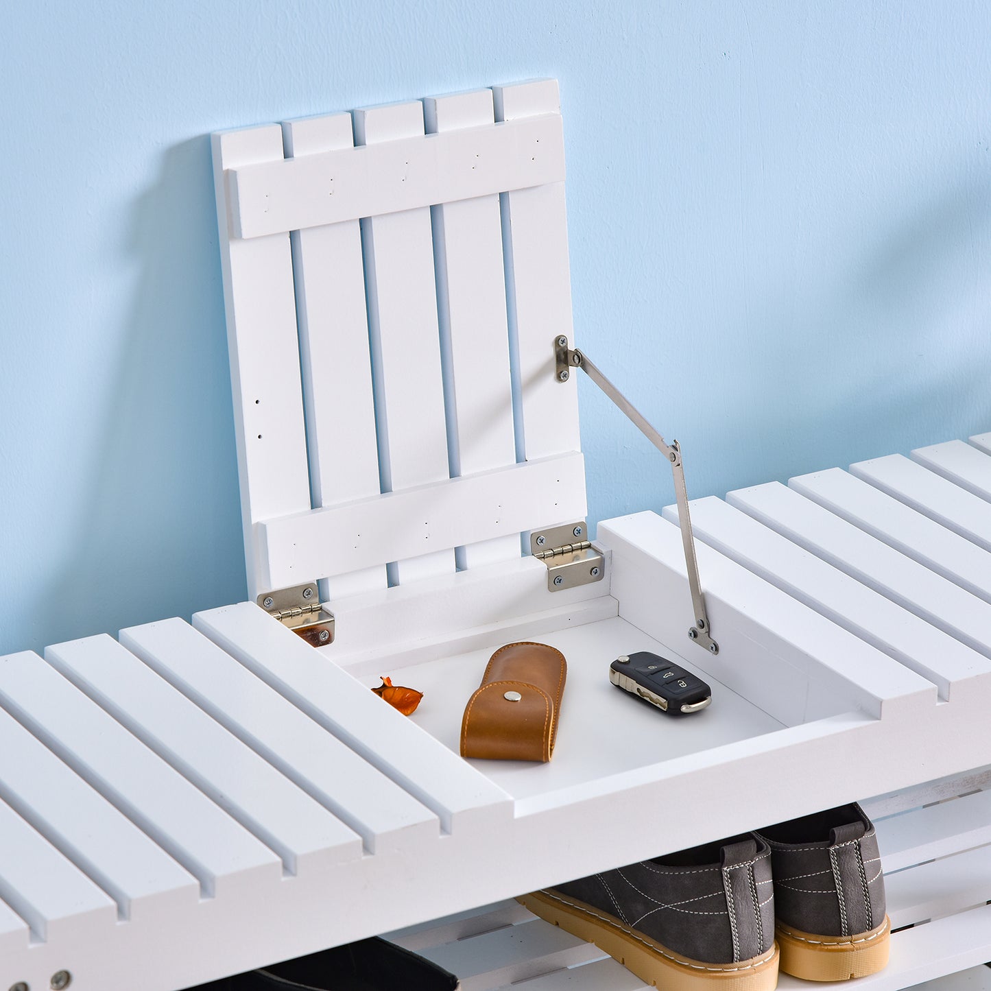 Mato Wooden White 3 Tier Slatted Shoe Bench With Hidden Compartment