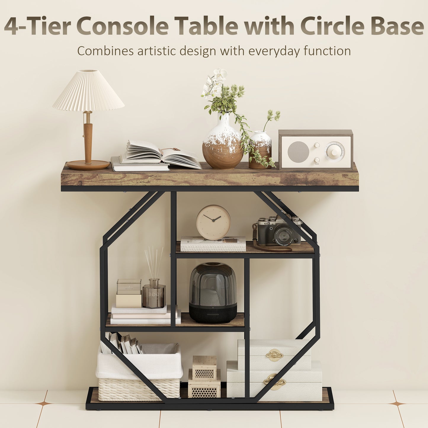 Reello Metal And Wooden Rustic Brown 4 Tier Industrial Console Table
