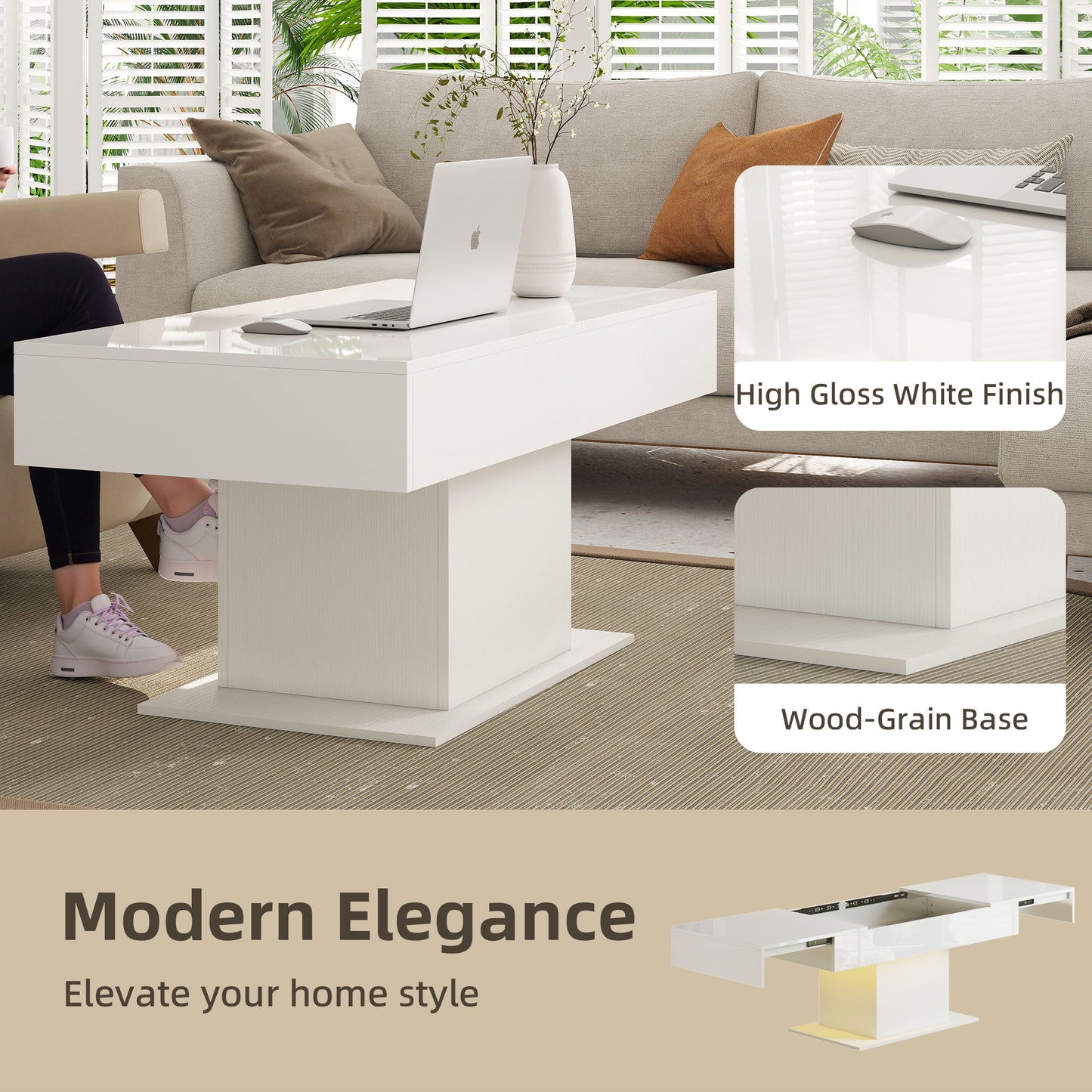Mara High Gloss White Extendable Coffee Table With LED Lighting And Storage