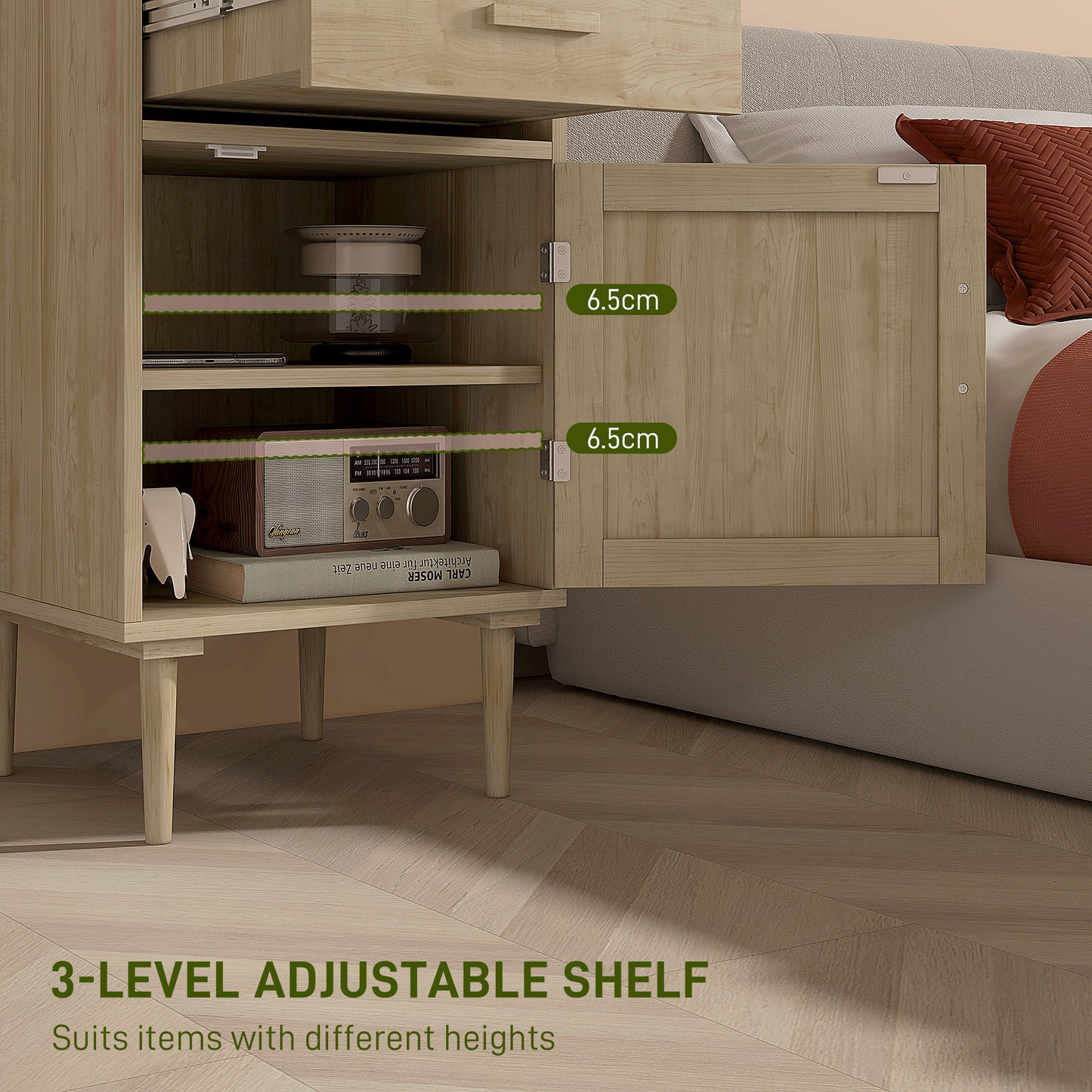Basose Natural Wood Effect Rattan Bedside Table With Drawer And Door