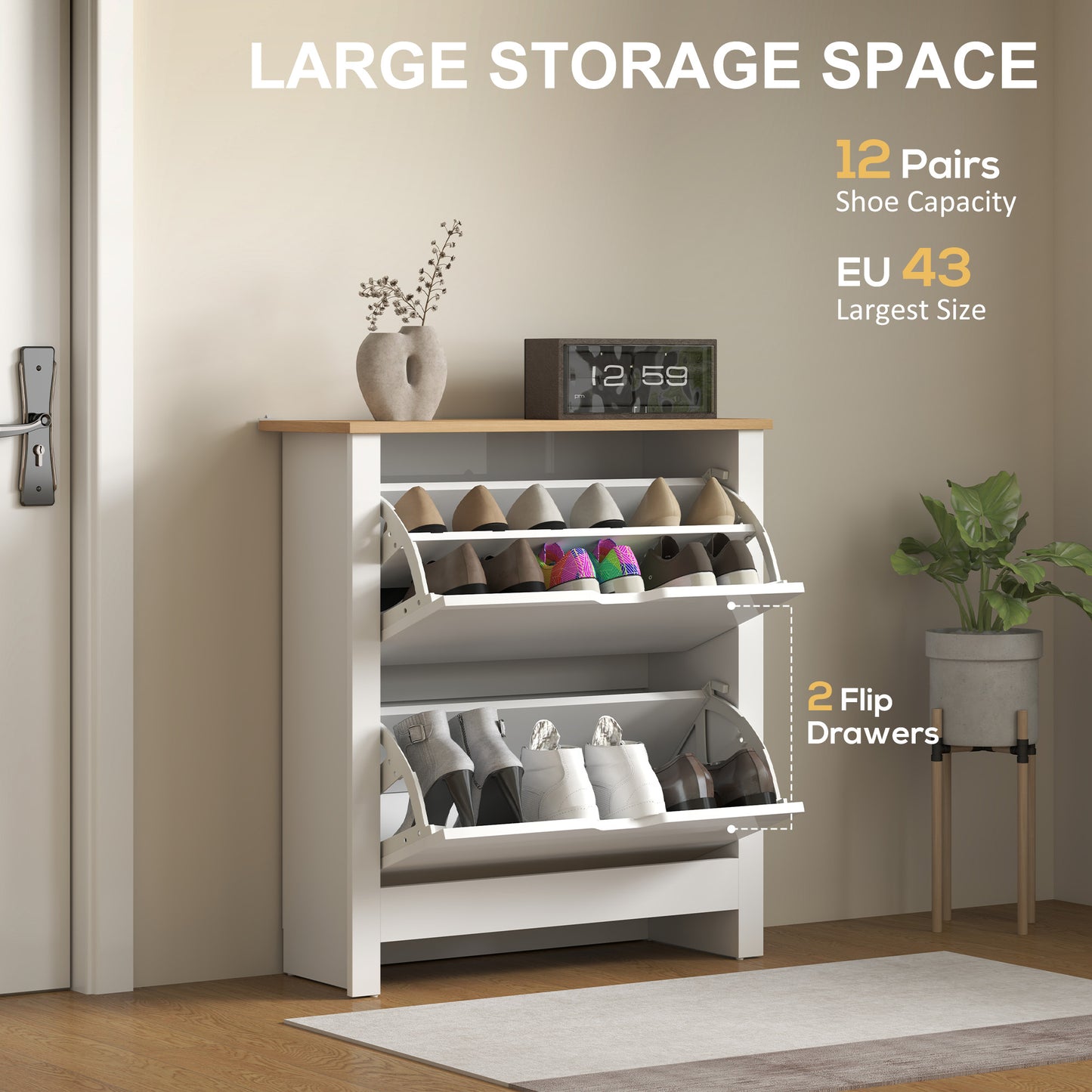Sakeno High Gloss White Slim Shoe Cabinet With 2 Flip Drawers For 12 Pairs