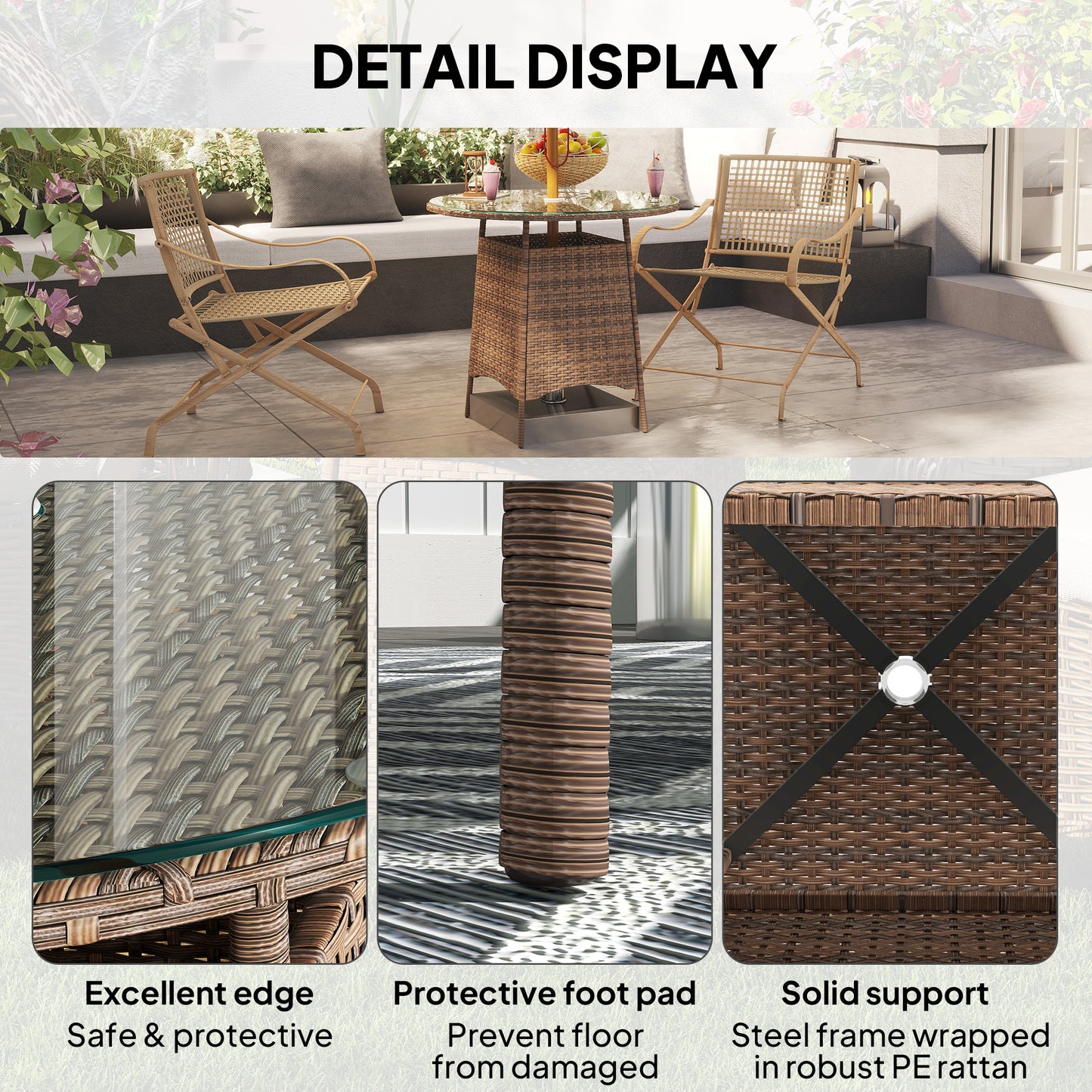 Rotasa Rattan Brown Outdoor Rpund Coffee Table With Tempered Glass Top And Parasol Hole