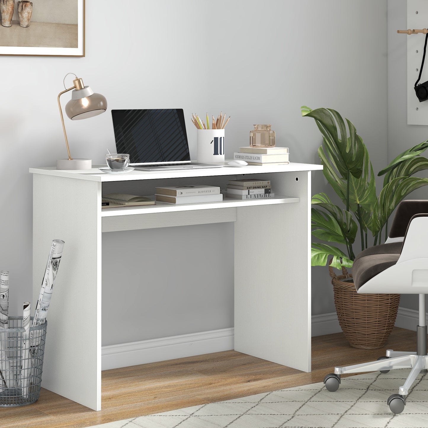 Doha 90cm Wooden White Wood Grain Compact Study Desk With Storage Shelf