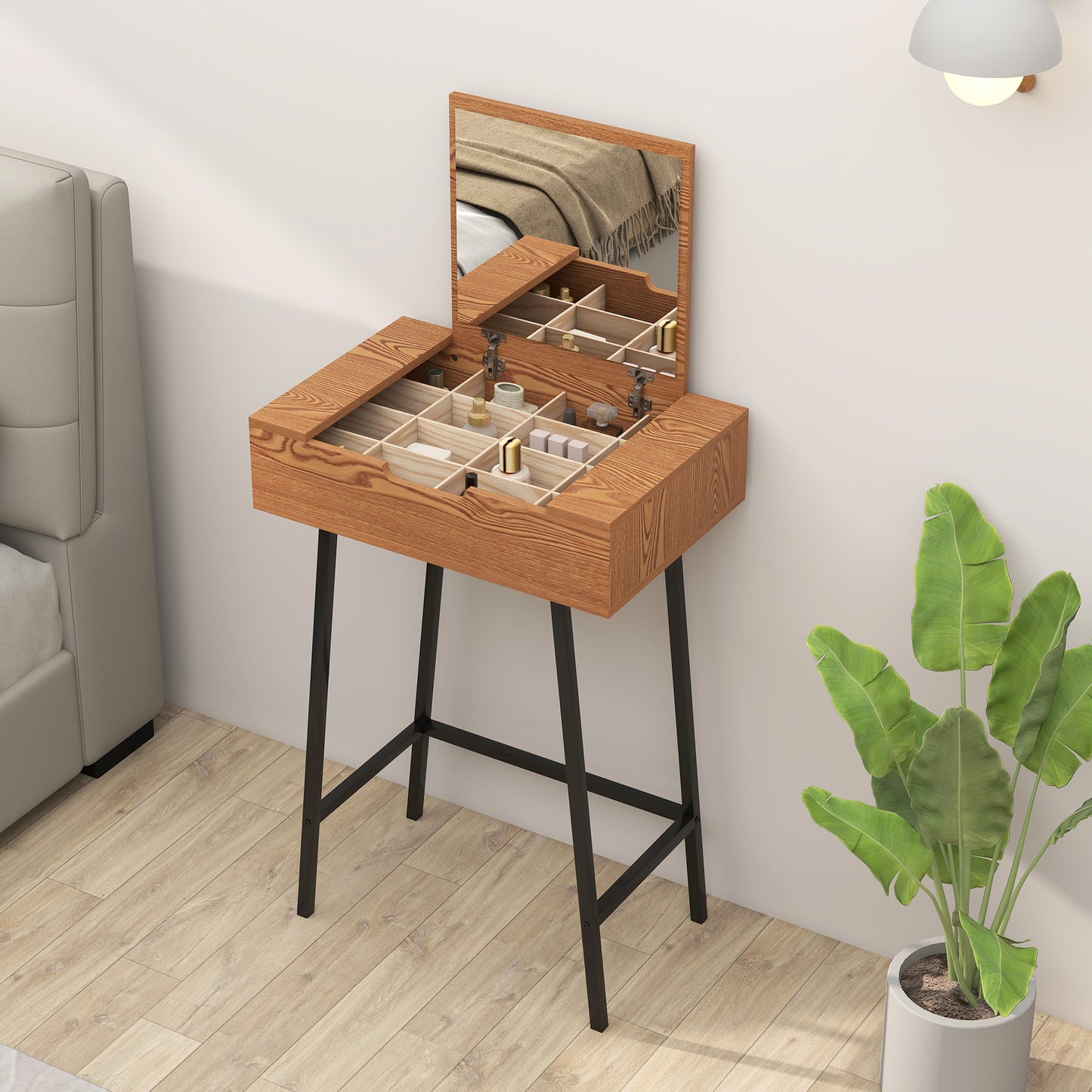 Fino Leri Natural Wood Industrial Vanity Desk With Flip Up Mirror And 6teen Storage Compartments