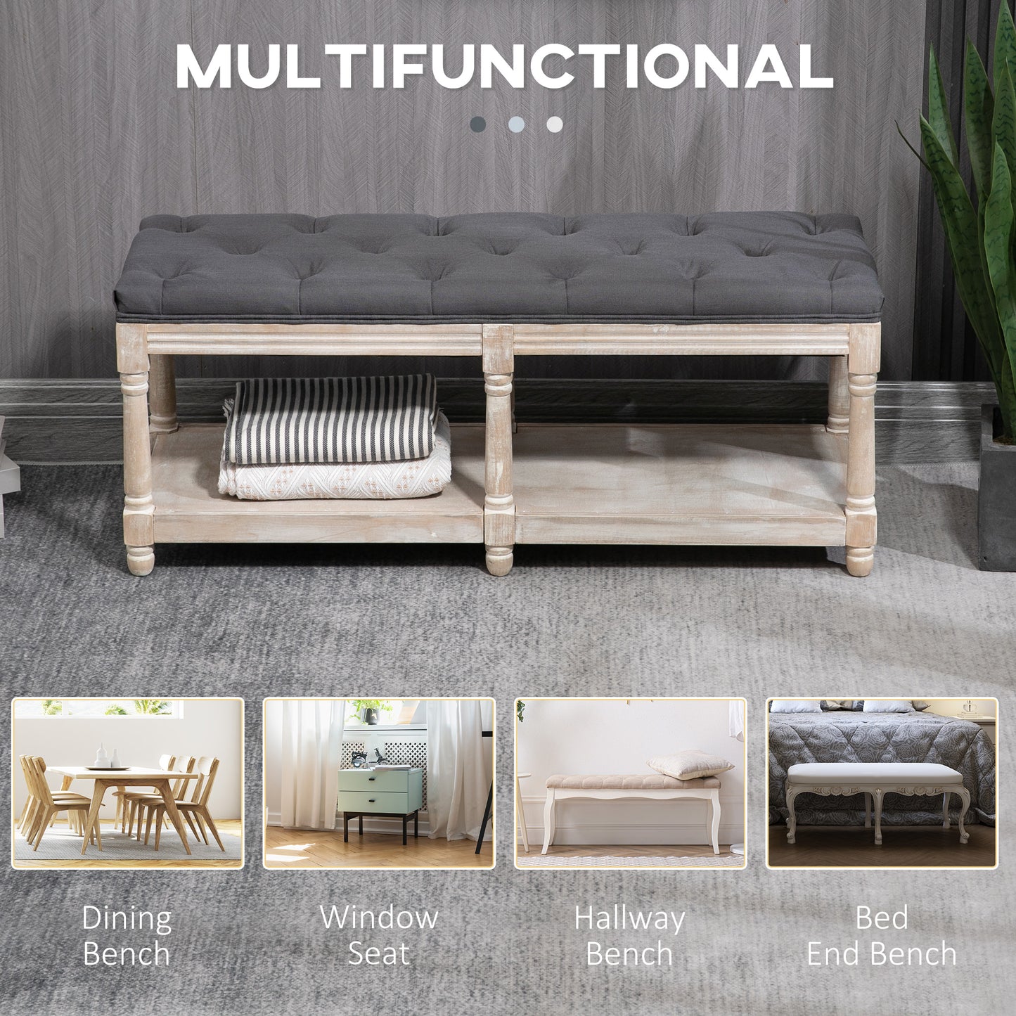 Lono Grey 2 Tier Vintage Style Bed End Bench With Storage Shelf Tufted Diamond