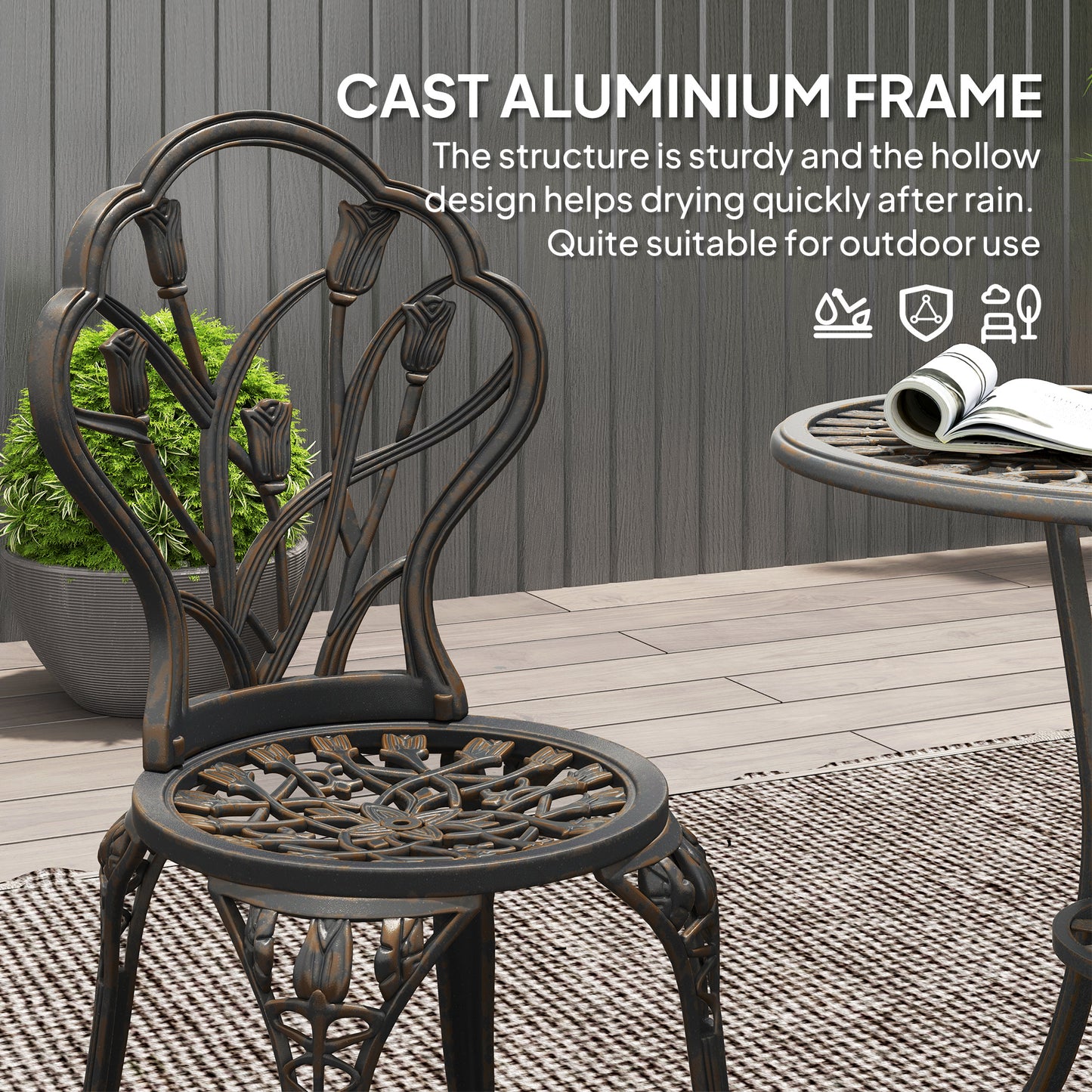 Fafire Aluminium Bronze Tone 3 Piece Patio Bistro Set With Umbrella Hole Table And Chairs
