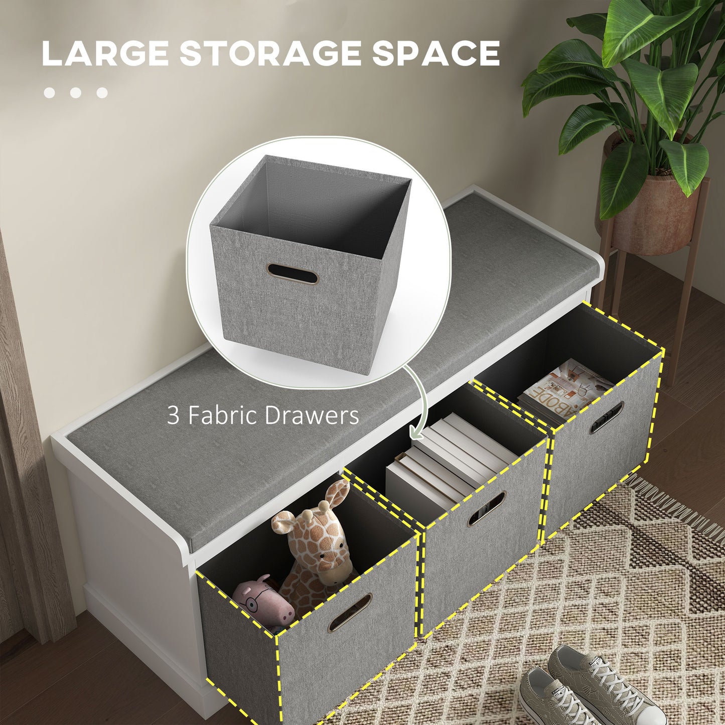 Elfila Wooden White 3 Drawer Shoe Storage Bench With Grey Padded Seat