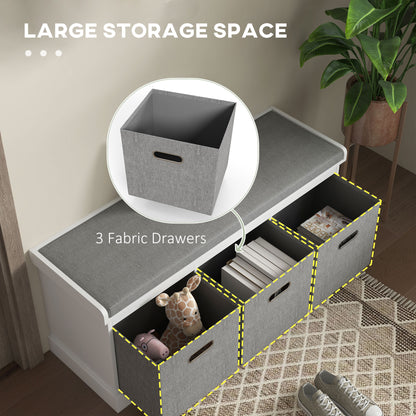 Elfila Wooden White 3 Drawer Shoe Storage Bench With Grey Padded Seat