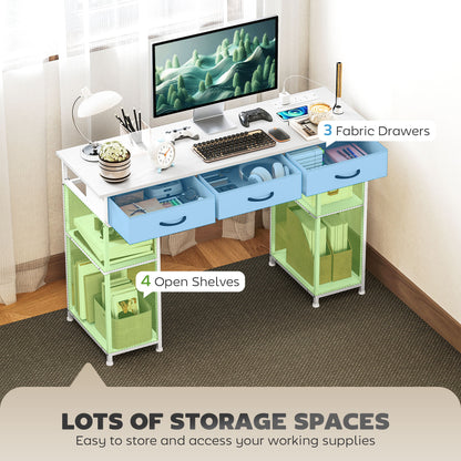 Riba 120cm Wooden White Home Office Desk With Power Sockets 3 Fabric Drawers And Storage Shelves 120 cm