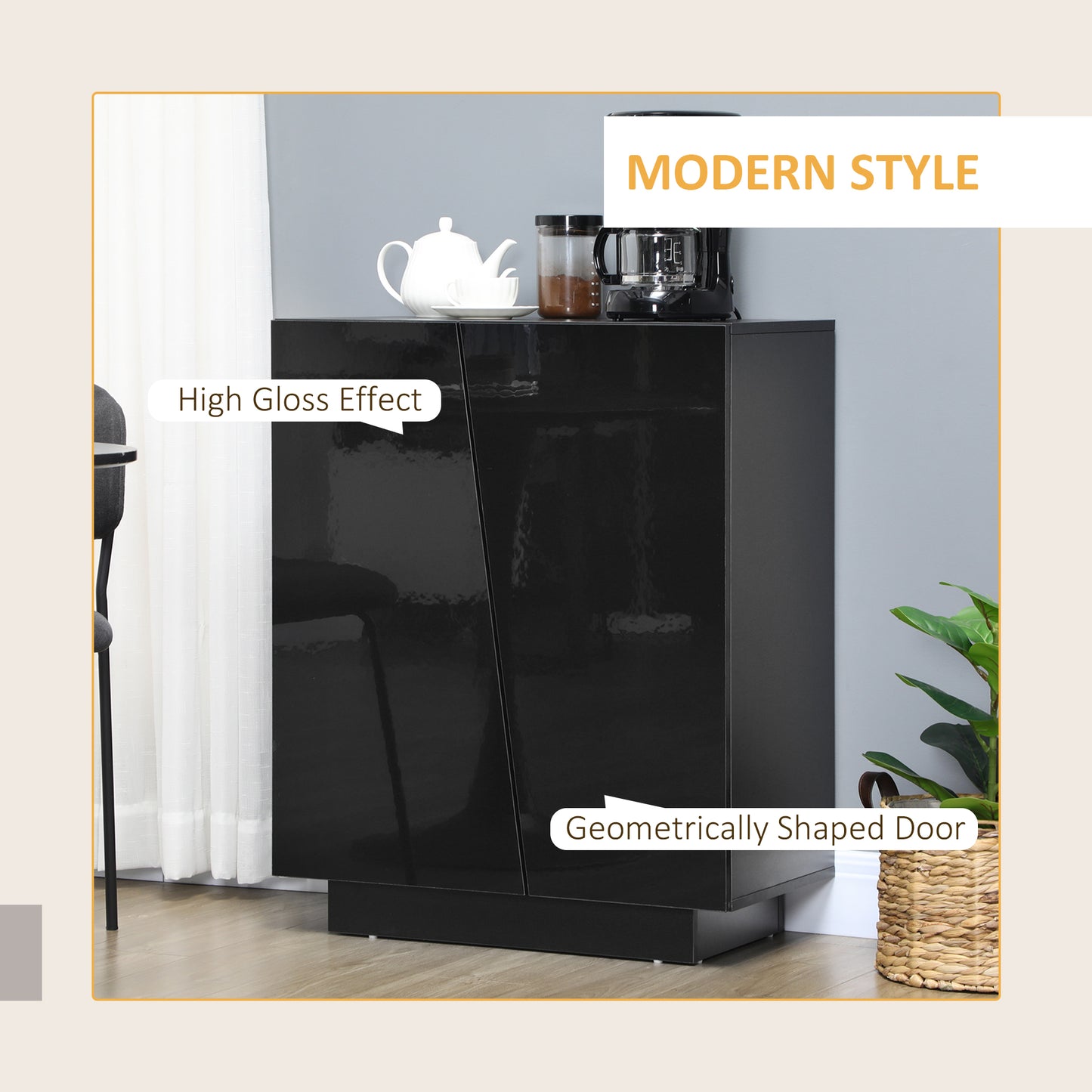 Ranifa Modern High Gloss Black Freestanding Storage Cabinet 2 Doors