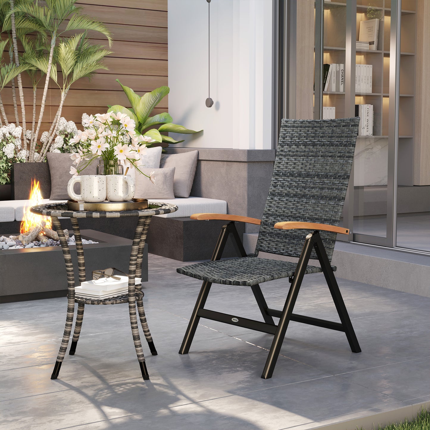 Coco Rattan Mixed Grey Folding Garden Dining Chair With High Back And Wood Armrests