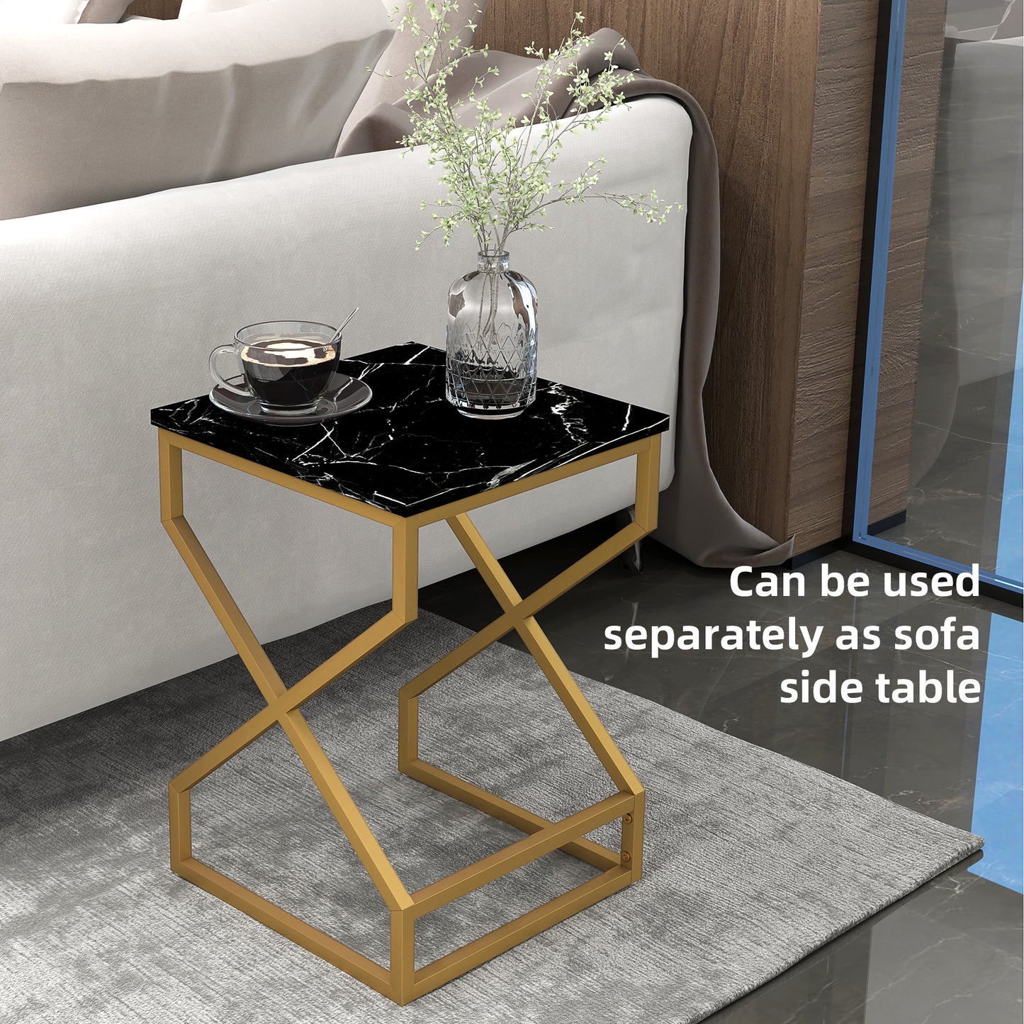 Revi Set Of 2 Marble Effect Nesting Side Tables Gold Metal Legs