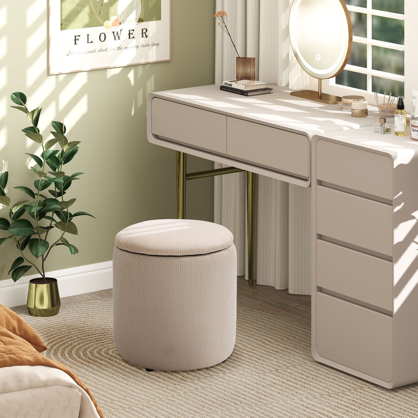 Vivalepa Set Of 2 Fabric Cream White Round Storage Ottomans With Removable Lids