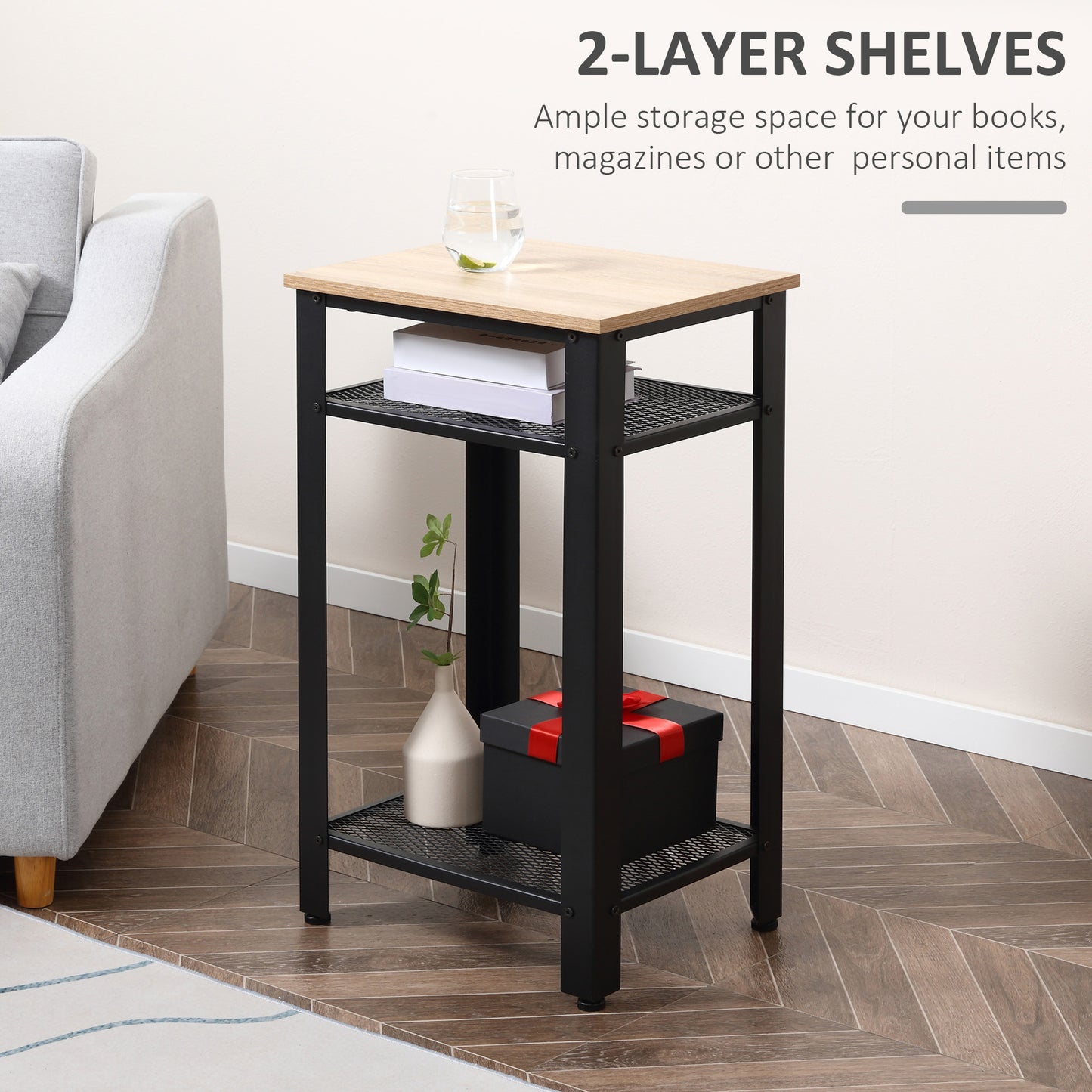 Rakale Set Of 2 Tall 3 Layer Industrial Side Tables Black Metal And Wooden Oak Effect