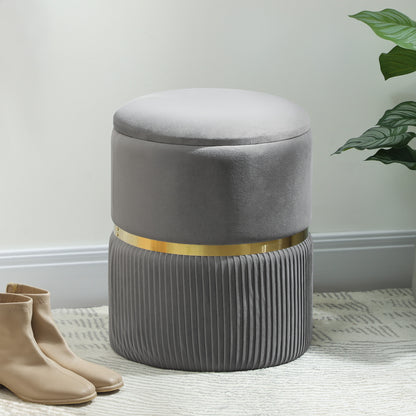 Vami Velvet Grey Storage Ottoman With Soft Upholstered Finish Gold Accent