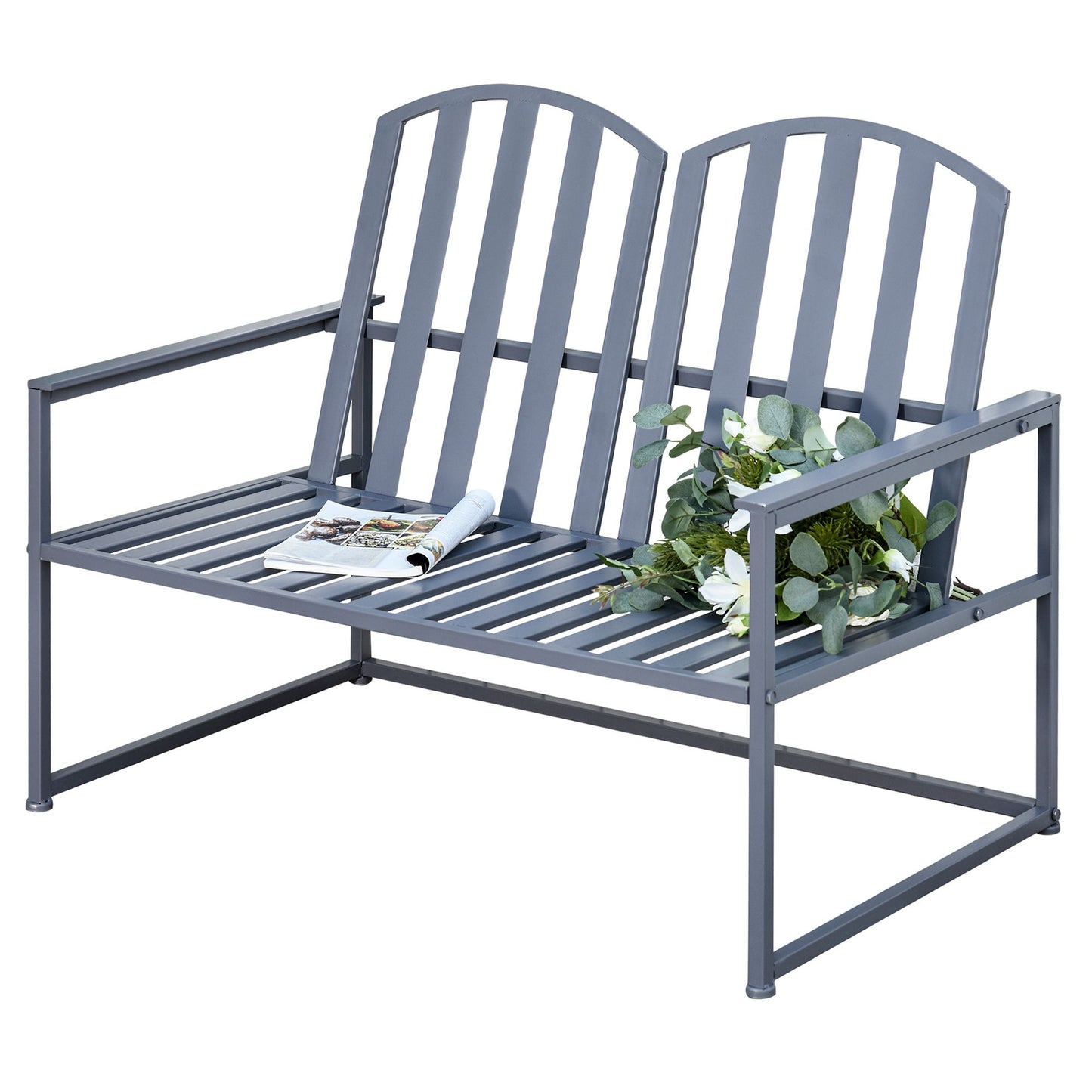 Yoraha Steel Grey Outdoor Garden Bench Loveseat With Slatted Seat Design